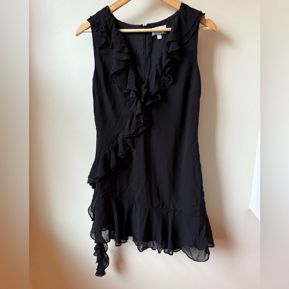 MILLY Black Dress Ruffle Asymmetrical Cocktail Classic Whimsigoth Coquette‎ 4